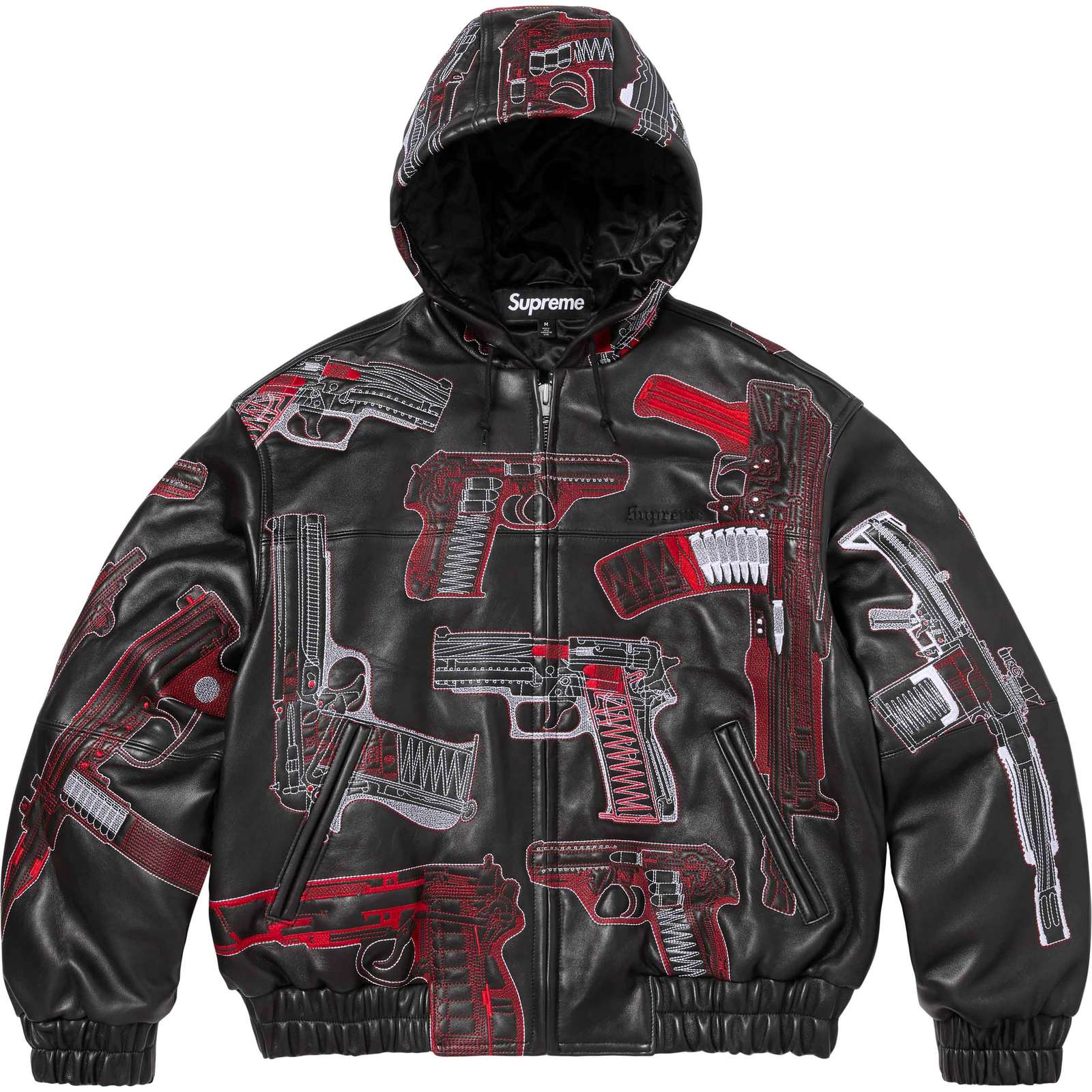 Guns Embroidered Hooded Leather Jacket