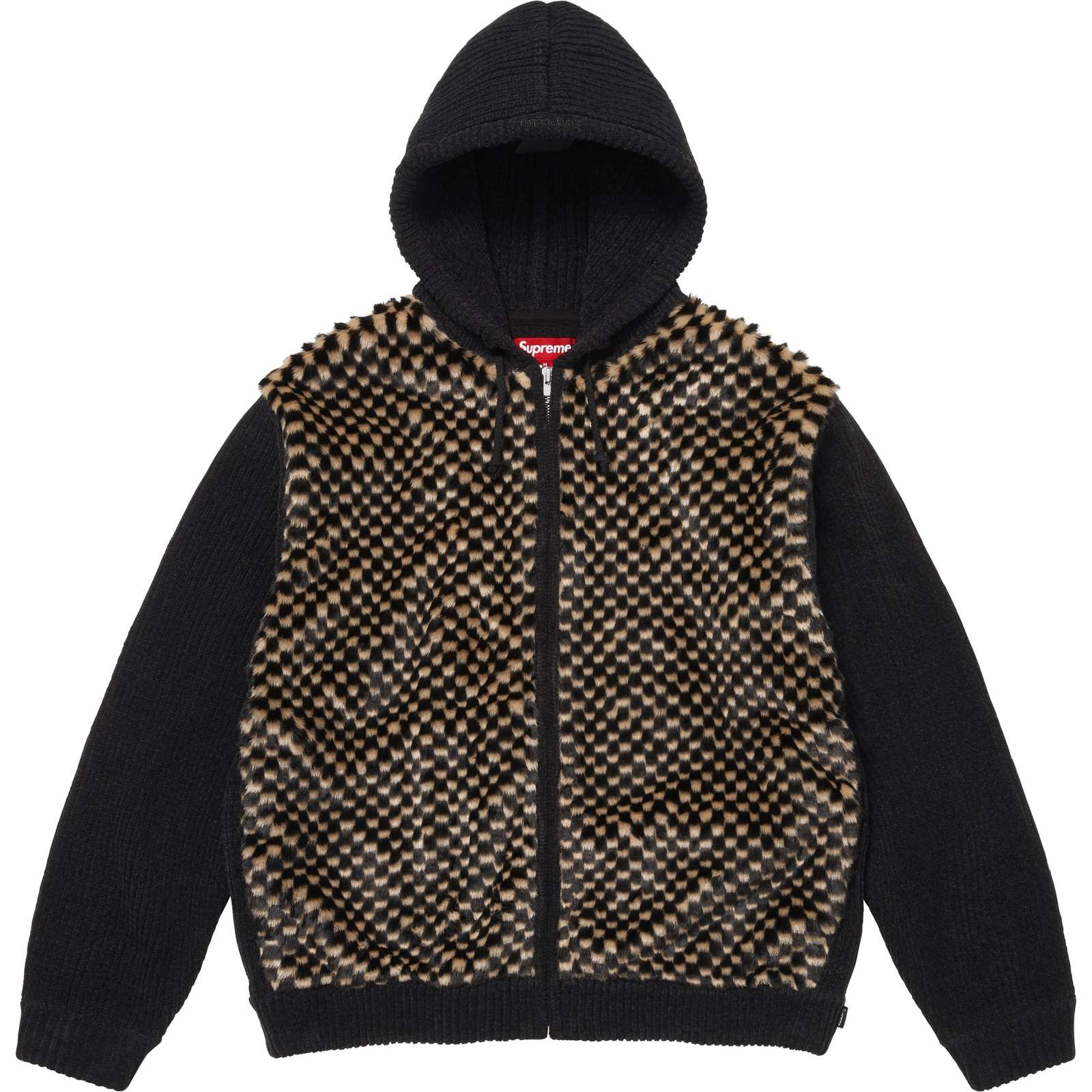 Checkerboard Faux Fur Zip Up Hooded Sweater